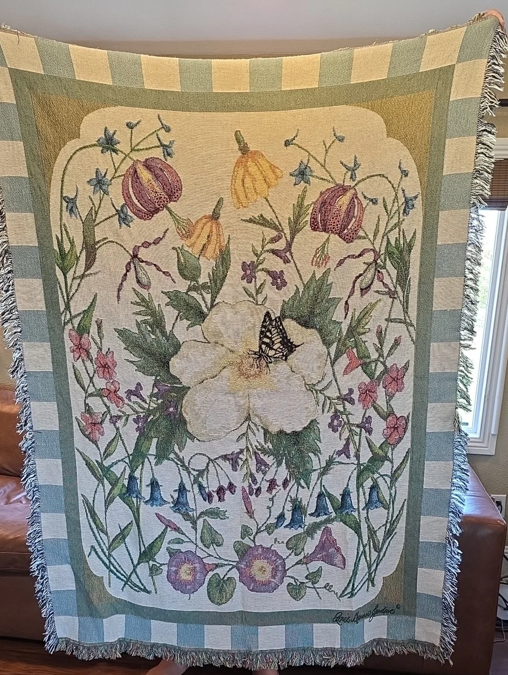Liz Jardine Cottagecore Botanical Woven Cotton Fringe Throw Blanket Vintage